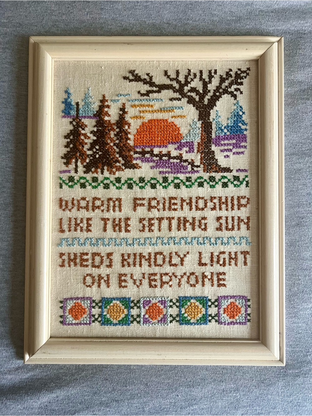 Framed Cross-Stitch Sunset Sampler - Warm Friendship